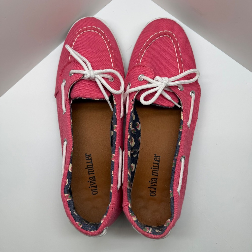 Olivia Miller Pink Canvas Boat Shoes Womens Size 8 Leopard Print Lining‎ Loafers